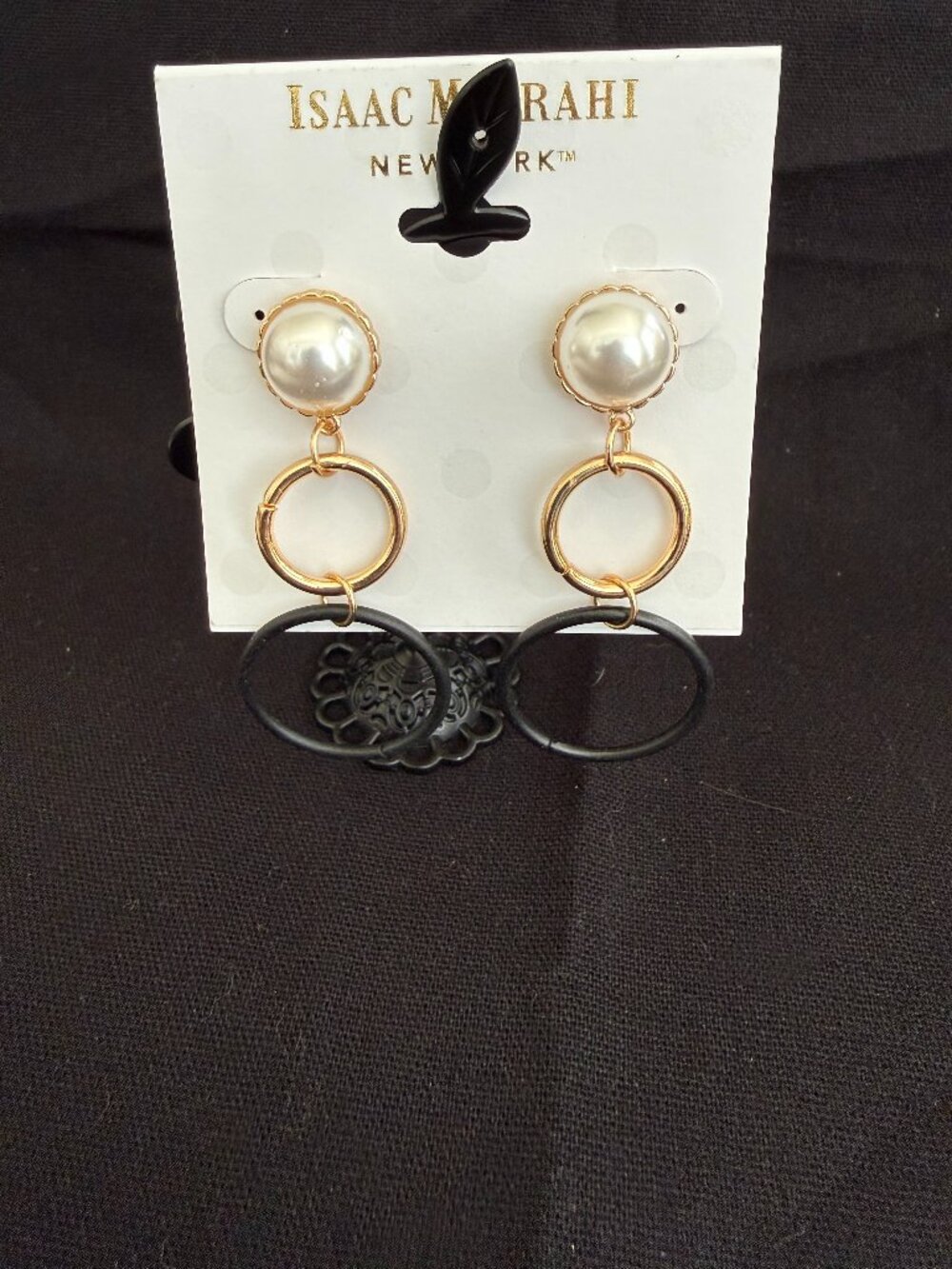 ISAAC MIZRAHI NY GOLD AND BLACK TONE PEARL DROP EARRINGS